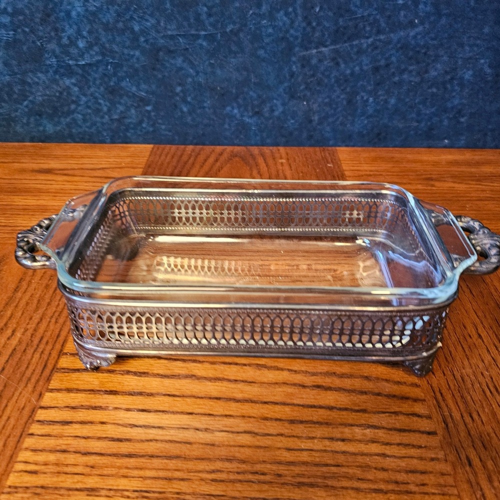 Vintage Glass Baking Dish with Ornate Silver Tone Footed Metal Caddy Made in USA